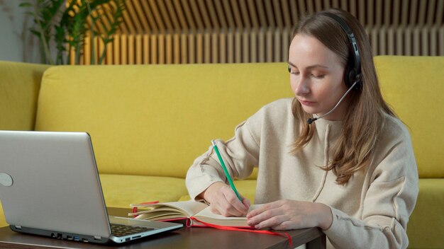 Frau im Headset sitzt auf gelber Couch zu Hause und Video-Chat auf Laptop-Computer.