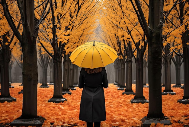 Frau im Herbst schaut durch den Regenschirm auf das Grab im Stil der emotionalen Sensibilität
