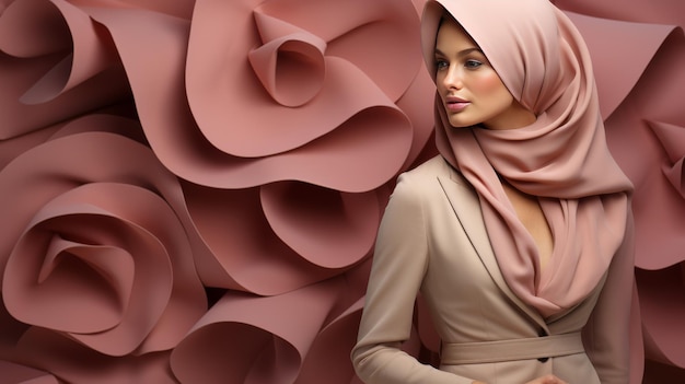 Frau im Hijab vor der Papierblumenmauer