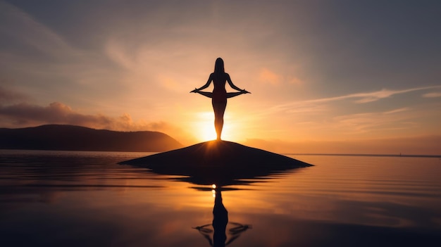 Frau im Hintergrund beleuchtet in Yoga-Pose in ruhigem Sonnenaufgang Zen Generative AI-Bild Weber