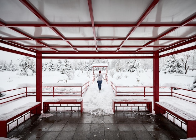 Frau im japanischen Wintergarten