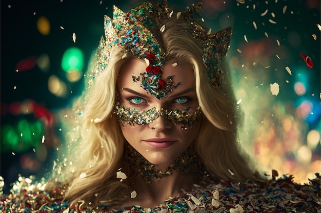 Foto frau im karnevalskostüm mit hintergrund mit konfetti und luftschlangen, hergestellt mit