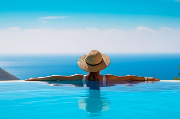 Frau im Pool mit blauem Wasser genießt die Aussicht auf das Meer in ihrem generativen Sommerurlaub im Hotel