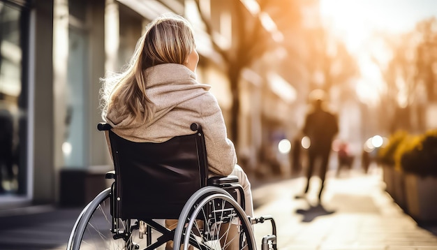 Frau im Rollstuhl geht im Herbst im Freien