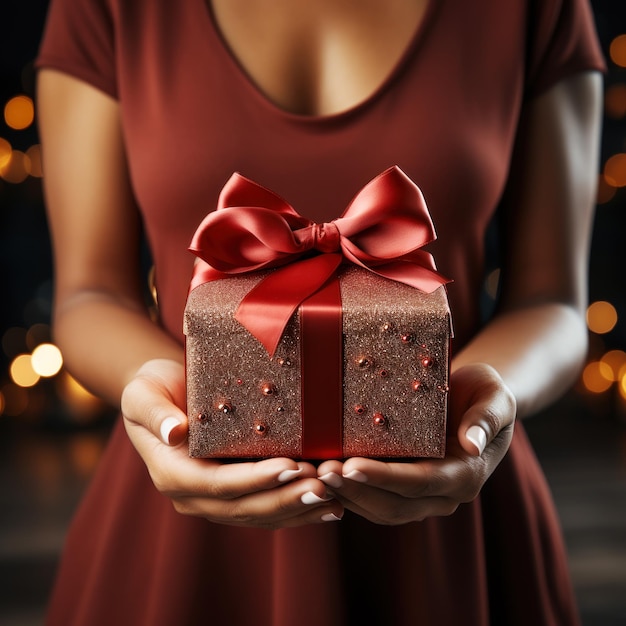 Frau im roten Abendkleid hält rote Geschenkbox in Nahaufnahme Generative KI