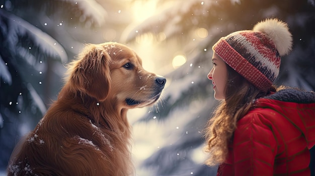 Frau im Schaffellmantel und Hut mit Golden Retriever Hund im verschneiten Wald im Winter