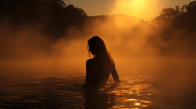 Frau im Sonnenuntergang am Fluss