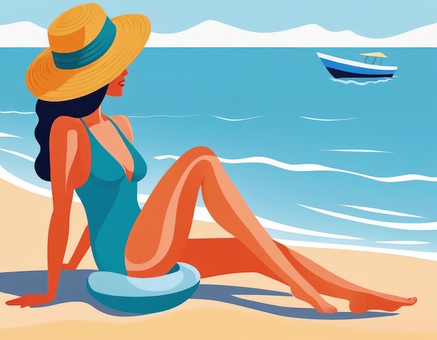 Frau in Badeanzug und Hut am Strand Vektorillustration ai generative