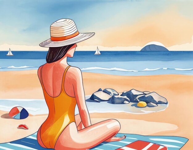 Frau in Badeanzug und Hut am Strand Vektorillustration ai generative