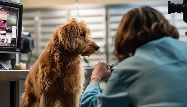 Foto frau in blauer jacke sitzt vor einem computer mit einer hundegenerativ-ai