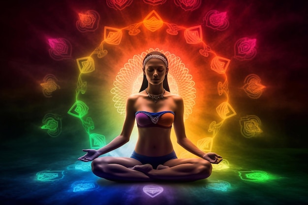 Foto frau in der lotusposition öffnen der chakren yoga-kurse meditation
