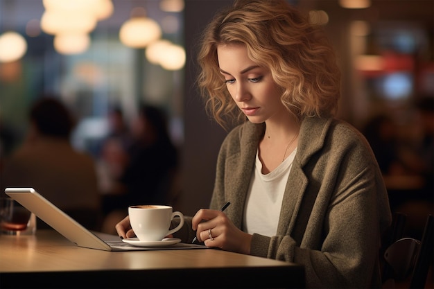 Frau in einem Café zeichnet auf einem Tablet-Bokeh-Licht