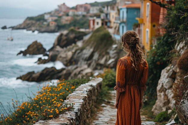 Frau in einem Dorf am Meer