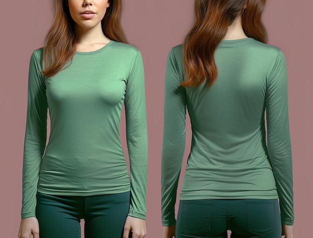Foto frau in einem grünen t-shirt mit langen ärmeln vorder- und rücksicht