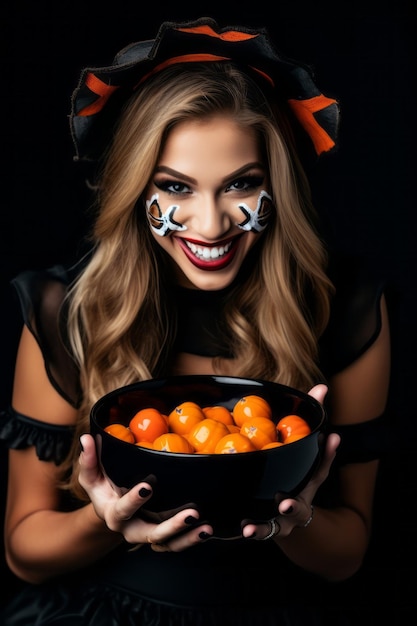 Foto frau in einem halloween-kostüm hält mit verschmitztem grinsen eine schüssel mit süßigkeiten in der hand