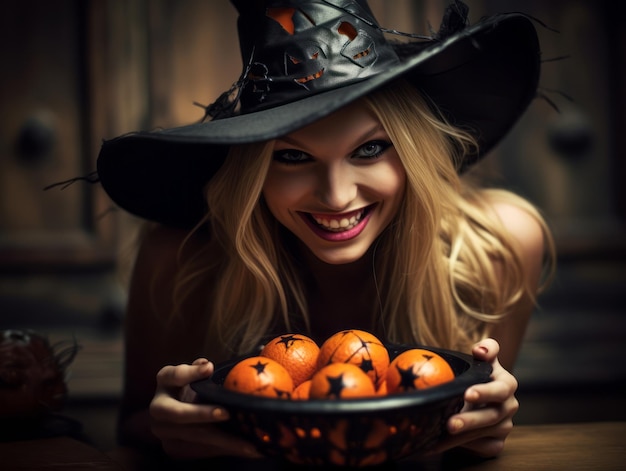 Foto frau in einem halloween-kostüm hält mit verschmitztem grinsen eine schüssel mit süßigkeiten in der hand