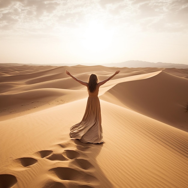 Frau in einem Kleid auf einer Sanddüne mit der untergehenden Sonne im Hintergrund