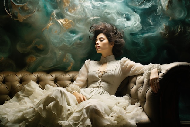 Frau in einem Kleid liegt auf einer Sofawolke über ihrem Kopf und entspannt sich auf der Couch. Melancholie und Einsamkeit