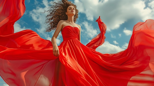 Frau in einem langen roten Kleid, elegantes, stilvolles Modell, das ein Abendkleid aus Seide trägt, ein schönes Mädchen, das in der Brise mit lockigem schwarzem Haar winkt.