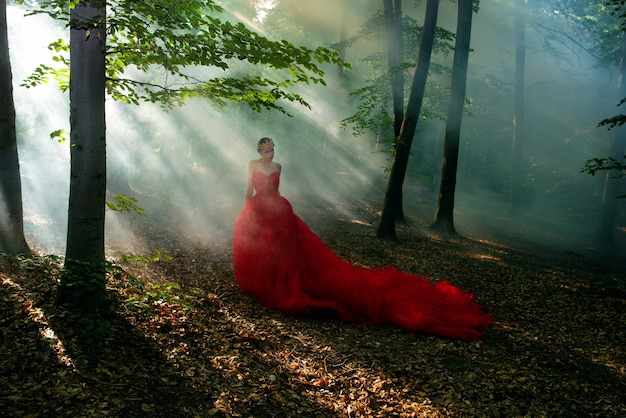 Frau in einem langen roten Kleid und einer Königskrone im nebligen Wald