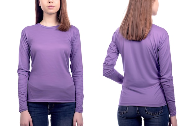 Frau in einem lila T-Shirt mit langen Ärmeln Vorder- und Rücksicht