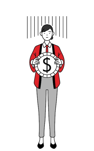 Frau in einem roten Happi-Mantel, ein Bild des Wechselkursverlusts oder der Abwertung des Dollars