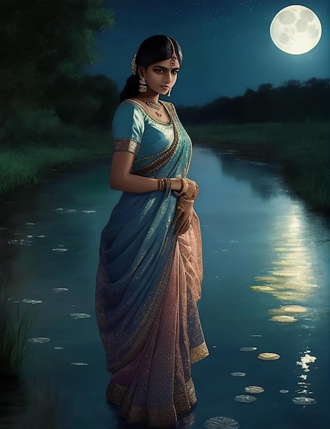 Frau in einem Sari im Fluss