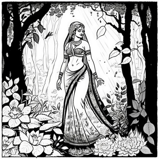 Frau in einem wunderschönen Saree in einem Wald, schwarz-weiße digitale Kunst