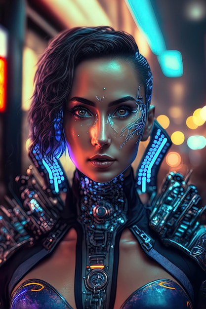 Frau in einer dicht besiedelten futuristischen Stadt voller Neonlichter ist sie ein Cyborg AIGerated