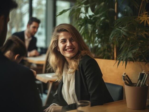 Foto frau in einer geschäftsversammlung, die mit zuversicht führt