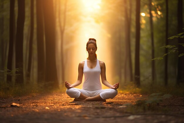 Frau in einer Zen-Yoga-Pose mit geschlossenen Augen in der Natur