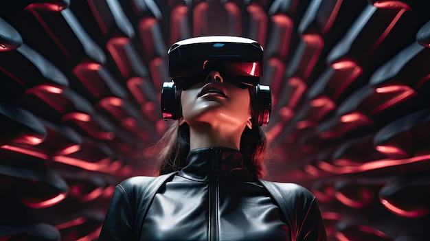 Frau in futuristischer VR-Mode mit Kopierraumhintergrund