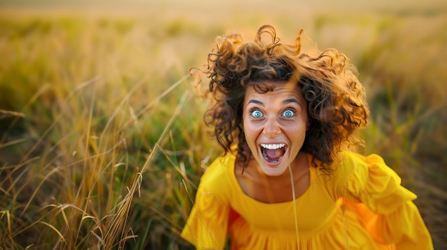 Foto frau in gelb strahlt freude auf einem feld aus, ki-generierte digitale kunst