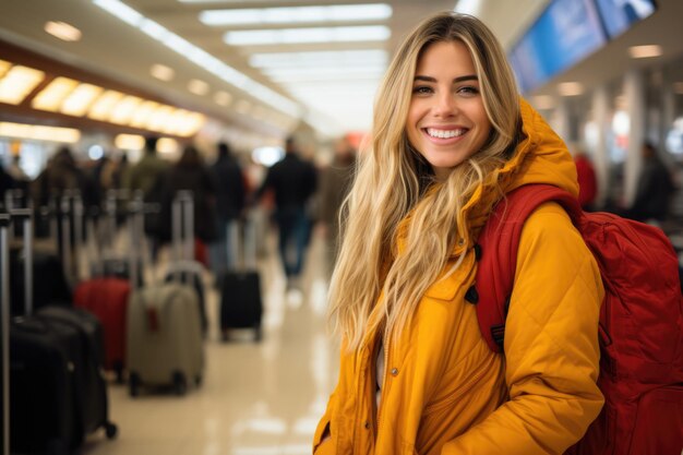 Foto frau in gelber jacke mit rotem rucksack