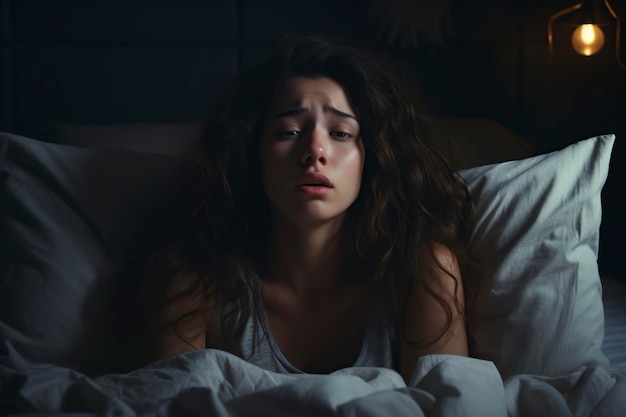 Frau in ihrem Schlafzimmer, die auf ihrem Kissen liegt, mit Schlaflosigkeit und Anzeichen von Müdigkeit im Gesicht