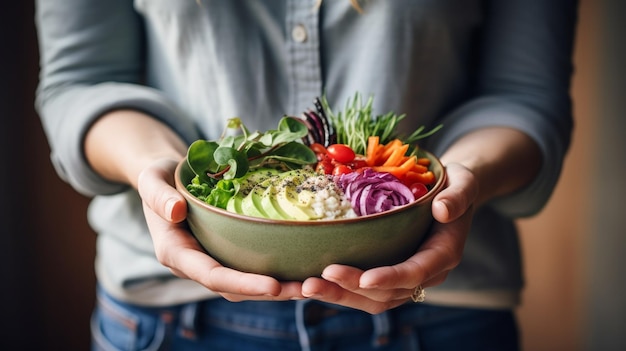 Frau in lässiger Kleidung hält eine vegane Super-Schüssel mit Hummus, Gemüse, Salat, Bohnen, Couscous, Avocado und Smoothie, ideal für Abend- oder Mittagessen