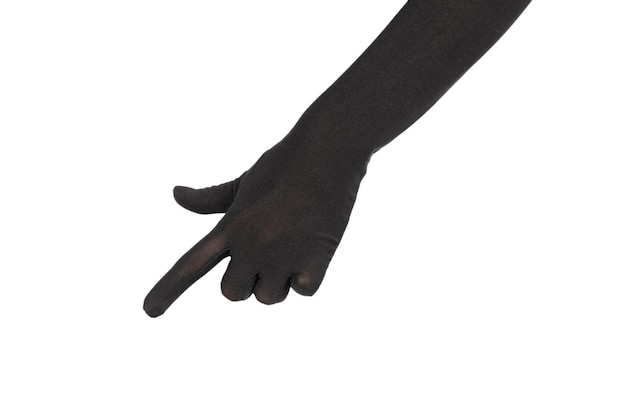 Frau in langen schwarzen Handschuhen, die auf etwas zeigt, das auf einem weißen Hintergrund isoliert ist
