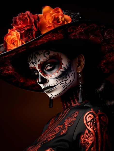 Frau in leuchtendem Calavera-Make-up feiert den Tag der Toten