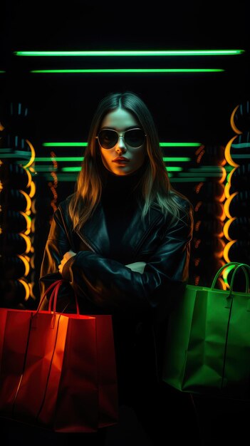 Frau in Neonlicht Cyberpunk dunkler Hintergrund mit Einkaufstasche in Black Friday Cyber Monday Konzept