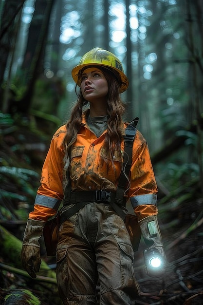Frau in orangefarbener Jacke und gelbem Helm steht im Wald