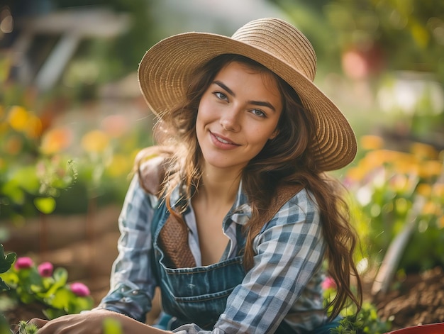 Frau in Overall und Hut lächelt im Garten