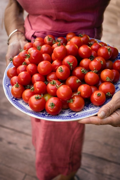 Frau in rosafarbenem Kleid mit einem Teller voller frischer roter Kirschtomaten