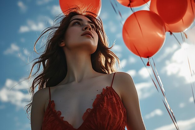 Foto frau in rot fliegt mit roten ballons am himmel