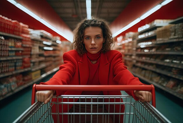 Foto frau in rotem einkaufswagen im supermarkt im stil von hellbraun und smaragd