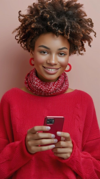 Frau in rotem Pullover hält ein Handy