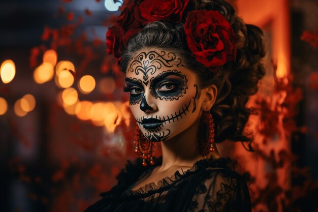 Frau in Santa-Muerta-Kostüm und Mann in Skelett-Körpermalerei für Halloween