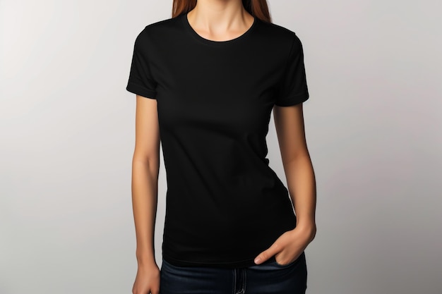 Frau in schwarzem T-Shirt auf weißem Hintergrund Mockup