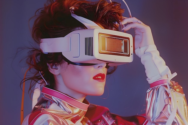 Frau in silberner Jacke mit einem Virtual-Reality-Headset im futuristischen Stil
