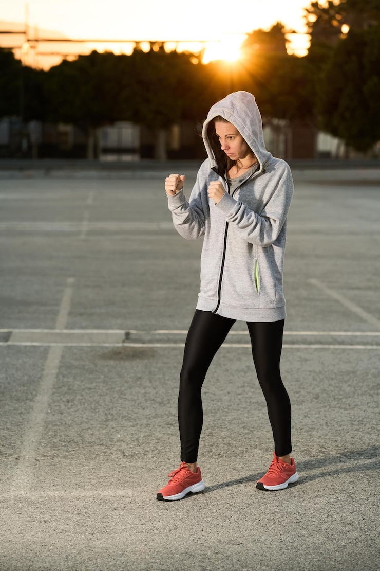Foto frau in sweatshirt und mütze mit boxpose auf der straße