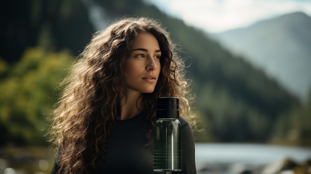 Frau in Tanktop hält eine Wasserflasche